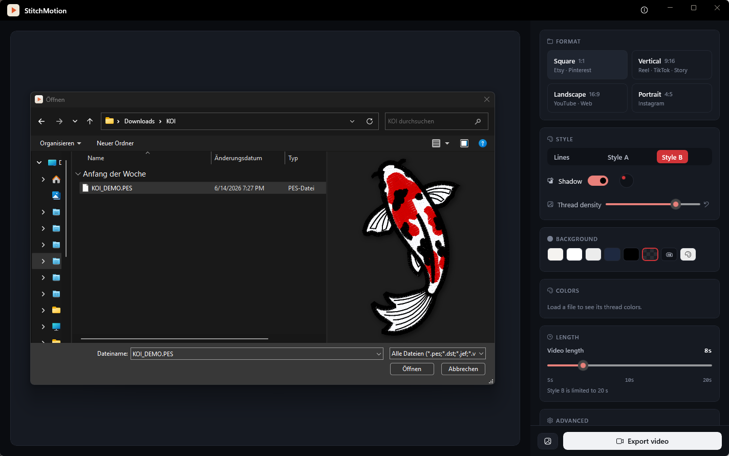 Windows Open dialog showing a preview of the koi embroidery design